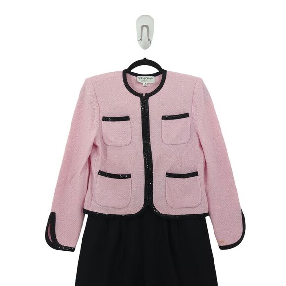 St John Women 2 Suit Set Pink Black Blazer Pants Santana Knit Pleated Paillettes - Picture 3 of 15